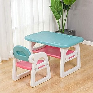 kids study table and chairs setplastic children art desk with 1 chair ergonomic backrest chair ideal for toddlers reading learning dining playroom orange