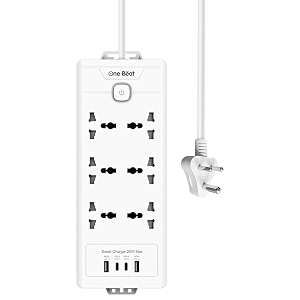 one beat 10 in 1 fast charge extension board 20w pd amp universal fast charging ports with surge protector 6 socket  2 usb a  2 usb type c 220 volts white