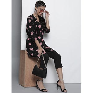 One femme Womens Pleated Printed Tunic Shirt