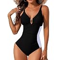 One Piece Swimsuit Women Tummy Control Ruched Color Block Swimwear