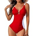 One Piece Swimsuit Women Tummy Control Ruched Color Block Swimwear