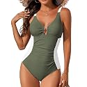 One Piece Swimsuit Women Tummy Control Ruched Color Block Swimwear