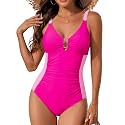 One Piece Swimsuit Women Tummy Control Ruched Color Block Swimwear