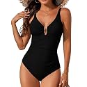 One Piece Swimsuit Women Tummy Control Ruched Color Block Swimwear
