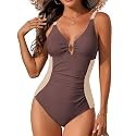 One Piece Swimsuit Women Tummy Control Ruched Color Block Swimwear