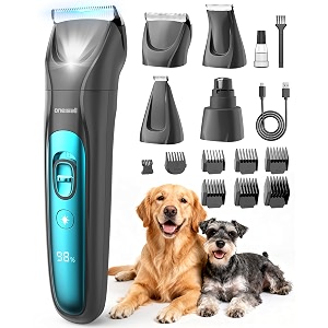 oneisall dog clippers amp paw trimmer 4 in 1 grooming kit dog grooming clippers with led light for full-body grooming cordless silent pet shaver for dogs cats