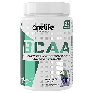 onelife bcaa 6000 mg has a perfect ratio of 211 of leucine iso-leucine valineampelectrolytes to prevent muscle loss during workout helps in lean muscle growthamprecovery flavor blueberry powder 250gm