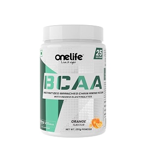 onelife bcaa 6000 mg has a perfect ratio of 211 of leucine iso-leucine valine amp electrolytes to prevent muscle loss during workout helps in lean muscle growth amp recovery flavor orange powder 250gm