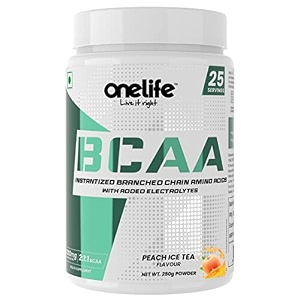 onelife bcaa 6000 mg lean muscle growth powder a perfect ratio of 211 of leucine iso-leucine valine with electrolytes to prevent muscle loss during workout amp recovery peach ice tea - 250gm