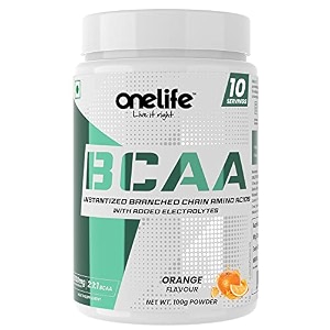 onelife bcaa 6000 mg with ratio of 211 of leucine iso-leucine valine amp electrolytes prevent muscle loss during workout helps in lean muscle growth amp recovery flavour orange powder 100gm