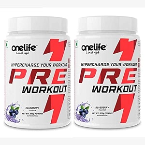 onelife hypercharge pre workout powder powered with citrulline beta-alanine taurine caffeine for performance amp endurance pumps muscle strength amp reduces fatigue flavour blueberry 200gm pack of 2