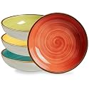 ONEMORE Pasta Bowls 30 Ounce Porcelain Salad Bowls Shallow Bowls for Pasta Set of 4 Shallow Bowl Plates, Microwave &amp; Dishwasher Safe, Assorted Color