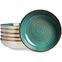 ONEMORE Porcelain Salad Pasta Bowls 30 Ounce, Set of 6 Ceramic Salad Dinner plates Bowls, Shallow & Wide Serving Bowls for Soup, Dessert, Pizza. Microwave & Dishwasher Safe Kitchen Dinnerware, Teal