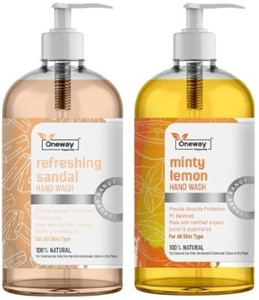 oneway happiness combo sandal hand wash with sandalwood and minty lemon hand wash with lemon hand wash bottle  refill