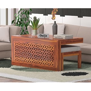 onija sheesham wood center coffee table with 2 stools for living room outdoor  wooden centre teapoy tea table with stool for home office honey finish