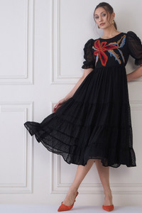Onixino Women A-line Black Below Knee Dress