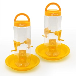 bird feeder with multiple feeding ports hanging style weather-resistant durable food-grade plastic includes bottom plate yellow pack of 2