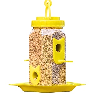 bird feeder with multiple feeding ports hanging style weather-resistant durable food-grade plastic includes bottom plate yellow pack of 1