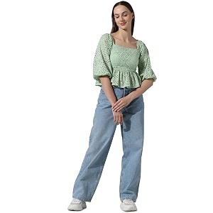 ONLY Self Design Schiffli Square Neck Puff
