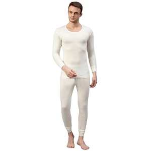 onn men39s 100 australian wool cream full sleeves round neck thermal top and bottom set  lightweight soft cozy and breathable  thermal set for men