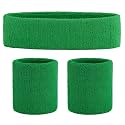 ONUPGO Green Sweatband Set Sports Headband Wrist Striped Sweatbands Terry Cloth Wristband Athletic Exercise Basketball Wrist Sweatband and Headbands Moisture Wicking Sweat Absorbing Head Band