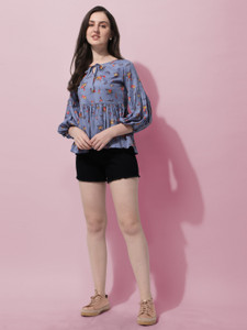 Oomph Casual Floral Print Women Grey Top