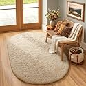 Ophanie 3x5 Oval Rug, Bedside Preppy Dorm Area Rug, College Essentials Non Slip Beige Small Carpets for Bedroom, Anti Slip Fluffy Living Room Rugs Home Decor Aesthetic with Over 99 pcs Pile fibers