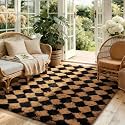 Ophanie Black &amp; Beige Diamond Checkered Rugs for Living Room Bedroom,Rhombus Fluffy Soft Cute Fuzzy Area Rug,Plush Shaggy Bedside Floor 4x6 Furry Carpet Kids Dorm Decor with Over 99 pcs Pile fibers