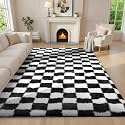 Ophanie Checkered Black &amp; White Rug for Living Room Bedroom,Fluffy Soft Cute Fuzzy Area Rugs,Shag Plush Shaggy Bedside Floor 6x9 Furry Carpet Kids Baby Teen Dorm Decor with Over 99 pcs Pile fibers