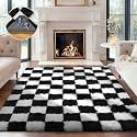 Ophanie Checkered Black &amp; White Rug for Living Room Bedroom,Fluffy Soft Cute Fuzzy Area Rugs,Shag Plush Shaggy Bedside Floor 4x6 Furry Carpet Kids Baby Teen Dorm Decor with Over 99 pcs Pile fibers