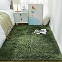 Ophanie Gray Green Grass Area Rugs for Bedroom, 3x5 Shag Fluffy Carpet, Fuzzy Furry Plush Soft Cute Kids Baby Shaggy Bedside Floor Rug for Teen Dorm Home with Over 99 pcs Pile fibers