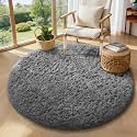 Ophanie Round Rug 4Ft Grey Circle Area Rugs, Fluffy Fuzzy Small Bedroom Carpet 4 Foot, Plush Shag Floor Gray Living Room Christmas Circular Decor for Kids Teen Boys Baby with Over 99 pcs Pile fibers