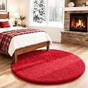 Ophanie Round Rug 4Ft Red Circle Area Rug, Christmas Room Decor, Aesthetic Nursery Bedroom Carpet, Fluffy Fuzzy Plush Soft Shaggy Living Room Rugs for Kids Boys Girls Home with 99 pcs Pile fibers