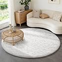 Ophanie Round Rug 6Ft White Circle Area Rug, Aesthetic Room Decor, Fluffy Fuzzy Bedroom Carpet, Plush Soft Shaggy Living Room Rugs for Kids Home, Nursery with Over 99 pcs Pile fibers