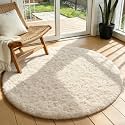 Ophanie Round Rugs 3Ft Ivory Circle Area Rug, Nursery Bedroom Carpet, Small Fluffy Fuzzy Plush Soft Shaggy Cream Living Room Christmas Aesthetic Decor for Kids Boys Girls Teen Baby Home, Dorm