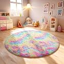 Ophanie Round Rugs 4Ft Rainbow Circle Area Rug, Colorful Unicorn Bedroom Dorm Decor for Teen Girls, Cute Fluffy Fuzzy Plush Soft Shaggy Living Room Carpet for Kids Baby Home Aesthetic Nursery Playroom