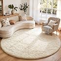 Ophanie Round Rugs 7Ft Ivory Circle Area Rug, Living Room Aesthetic Decor, Fluffy Fuzzy Bedroom Carpet, Plush Soft Shaggy Cream Rugs for Kids Home Decor, Nursery with Over 99 pcs Pile fibers
