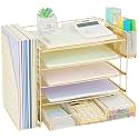 OPNICE Desk Organizer, 5-Tier Paper File Organizer with Drawer & Pen Holder, Office Desk Accessories, Workspace Desktop Organizer for Office Supplies(Gold)