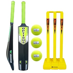 optimus cricket kit combo set - 1 plastic bat 8 no - 13 to 14 yrs age 3 cricket tennis ball 30 inch plastic stump set 6 pcs 4 bails with 2 base - yellow alpha b