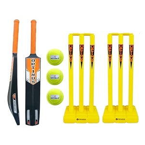 optimus cricket kit combo set - 1 plastic bat 8 no - 13 to 14 yrs age 3 cricket tennis ball 30 inch plastic stump set 3 pcs 2 bails with base - orange alpha b