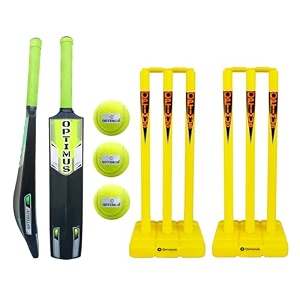 optimus cricket kit combo set - 1 plastic bat 7 no - 11 to 12 yrs age 3 cricket tennis ball 30 inch plastic stump set 6 pcs 4 bails with 2 base - yellow alpha b