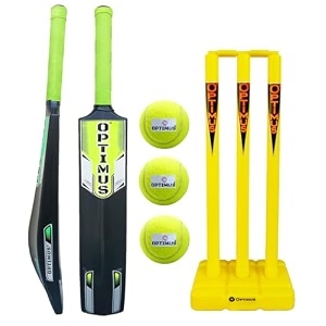 optimus cricket kit combo set - 1 plastic bat 8 no - 13 to 14 yrs age 3 cricket tennis ball 30 inch plastic stump set 6 pcs 4 bails with 2 base - yellow alpha b