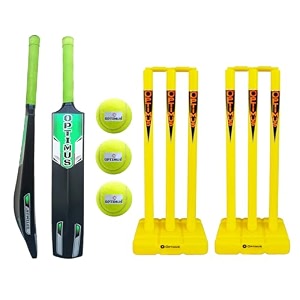 optimus cricket kit combo set - 1 plastic bat 8 no - 13 to 14 yrs age 3 cricket tennis ball 30 inch plastic stump set 3 pcs 2 bails with base - orange alpha b