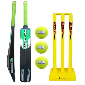 optimus cricket kit combo set - 1 plastic bat 8 no - 13 to 14 yrs age 3 cricket tennis ball 30 inch plastic stump set 3 pcs 2 bails with base - orange alpha b