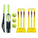 Optimus® Cricket Kit Combo Set - 1 Plastic Bat 8 No. - 13 to 14 Yrs Age, 3 Cricket Tennis Ball, 30 Inch Plastic Stump Set 6 Pcs 4 Bails with 2 Base - Yellow Alpha B