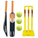 Optimus® Cricket Kit Combo Set - 1 Plastic Bat 8 No. - 13 to 14 Yrs Age, 3 Cricket Tennis Ball, 30 Inch Plastic Stump Set 3 Pcs 2 Bails with Base - Orange Alpha B