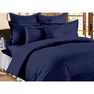 300 tc microfiber satin stripes plain king size double bedsheet with two pillow covers - navy blue 90 inch x 100 inch