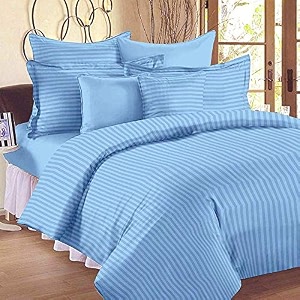 home decor 300 tc microfiber satin stripes plain bedsheet for double bed king 90 inch x 100 inch size with two pillow covers for home-hotels-guest house- light blue