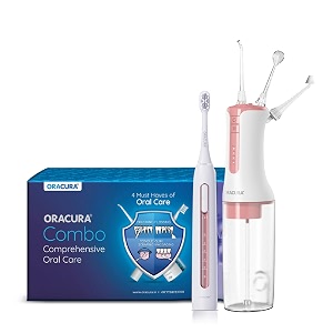 oracura  daily pro combo oc300 smart pro water flosser peach amp sb300 sonic smart electric rechargeable toothbrush peach adult 2 count