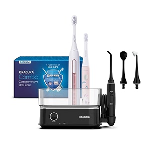 oracura combo oc450 dental pro countertop smart water flosser black with sb300 sonic smart electric rechargeable toothbrush amp ksb200 kids sonic rechargeable electric toothbrush peach